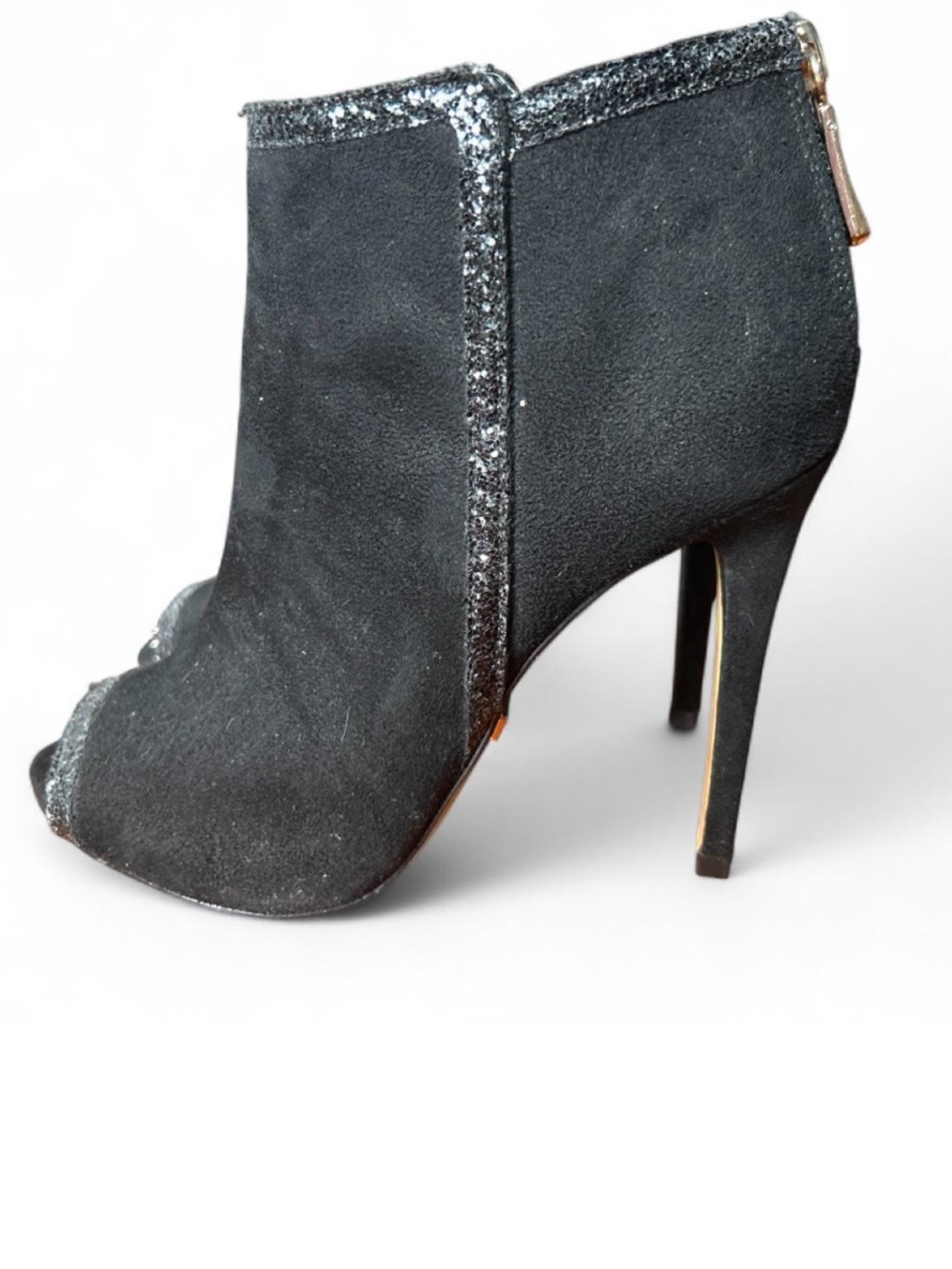 Bebe Black Glitter Trim Peep-Toe Stiletto Booties